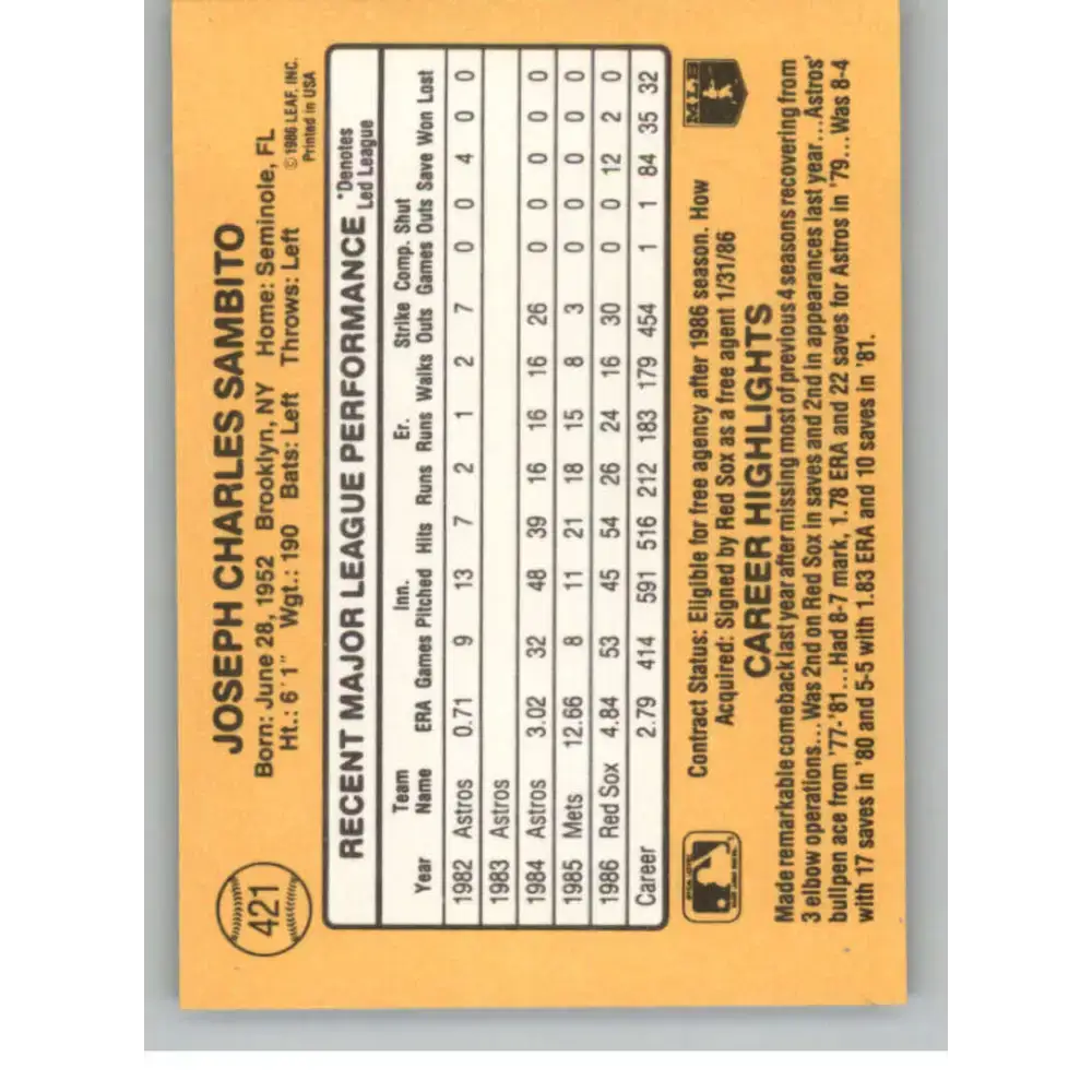 1987 Donruss #421 Joe Sambito EX Excellent Boston Red Sox Baseball Card - Baseball Card Single