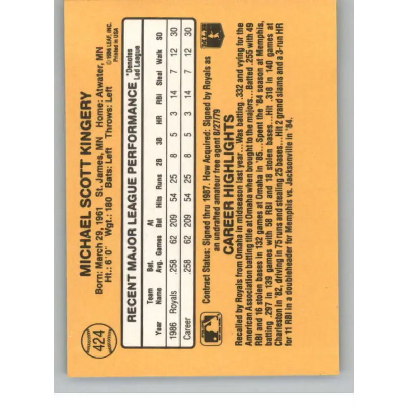 1987 Donruss #424 Mike Kingery EX Excellent RC Rookie Kansas City Royals Baseball Card - Baseball Card Single