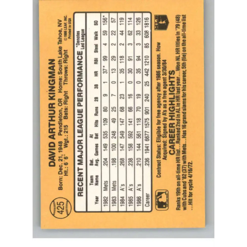 1987 Donruss #425 Dave Kingman EX Excellent Oakland Athletics Baseball Card - Baseball Card Single
