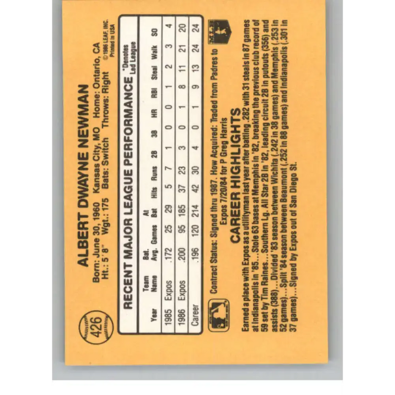 1987 Donruss #426 Al Newman EX Excellent RC Rookie Montreal Expos Baseball Card - Baseball Card Single