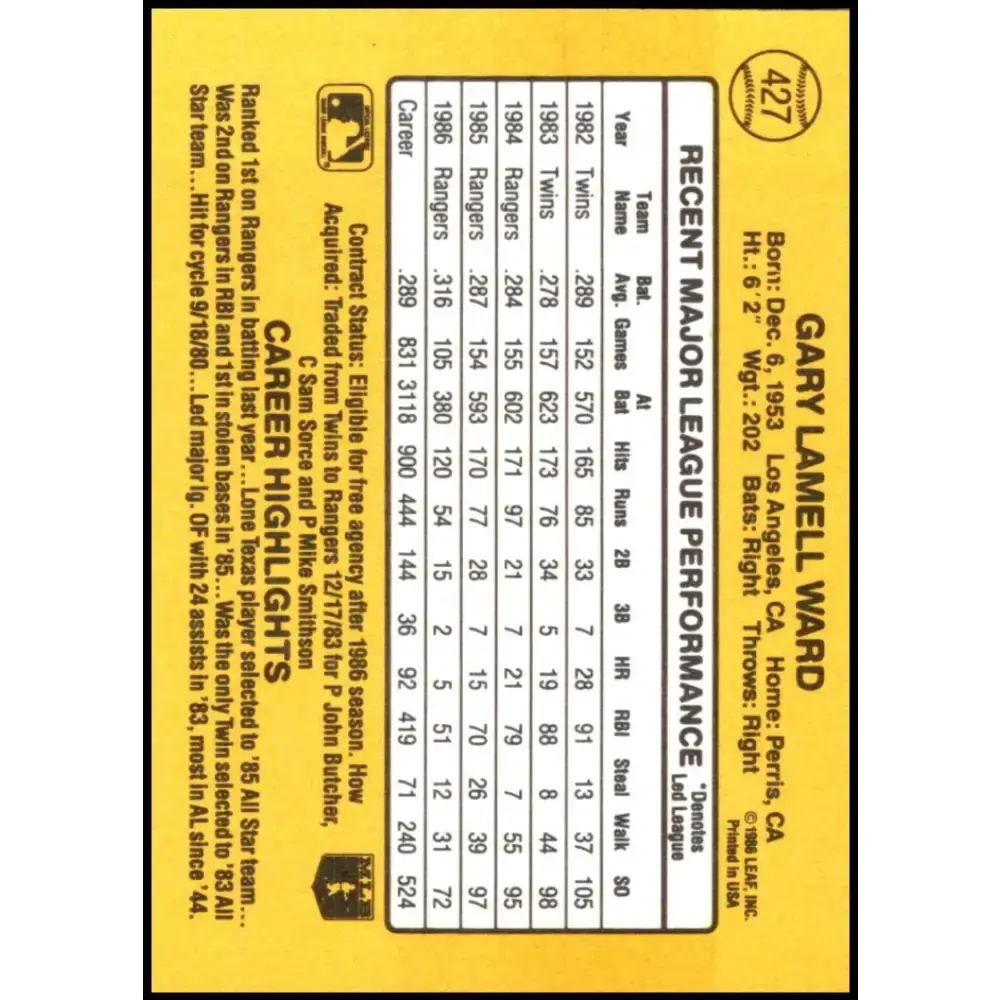 1987 Donruss #427 Gary Ward EX Excellent Texas Rangers Baseball Card - Baseball Card Single