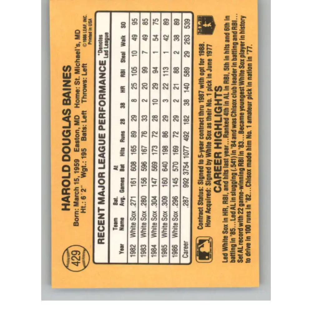 1987 Donruss #429 Harold Baines EX Excellent Chicago White Sox Baseball Card - Baseball Card Single