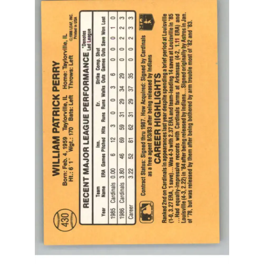 1987 Donruss #430 Pat Perry EX Excellent St. Louis Cardinals Baseball Card