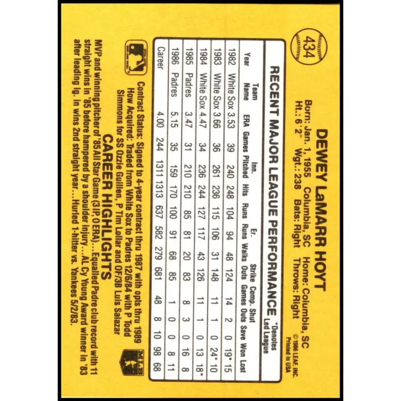 1987 Donruss #434 LaMarr Hoyt EX Excellent San Diego Padres Baseball Card - Baseball Card Single
