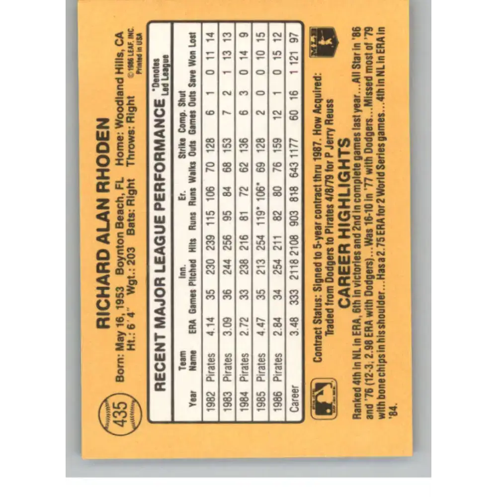1987 Donruss #435 Rick Rhoden EX Excellent Pittsburgh Pirates Baseball Card - Baseball Card Single