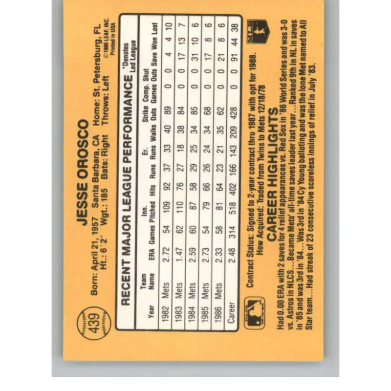 1987 Donruss #439 Jesse Orosco EX Excellent New York Mets Baseball Card - Baseball Card Single