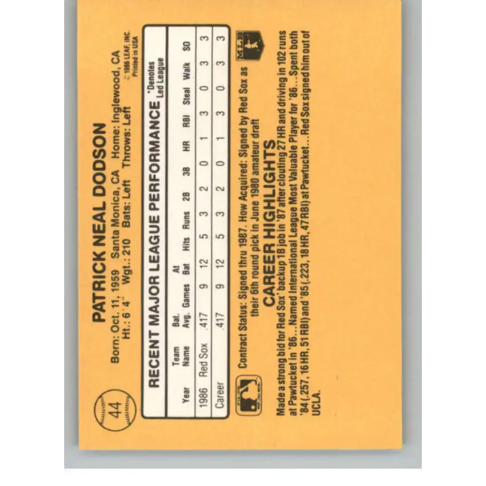 1987 Donruss #44 Pat Dodson EX Excellent RC Rookie Boston Red Sox Baseball Card - Baseball Card Single