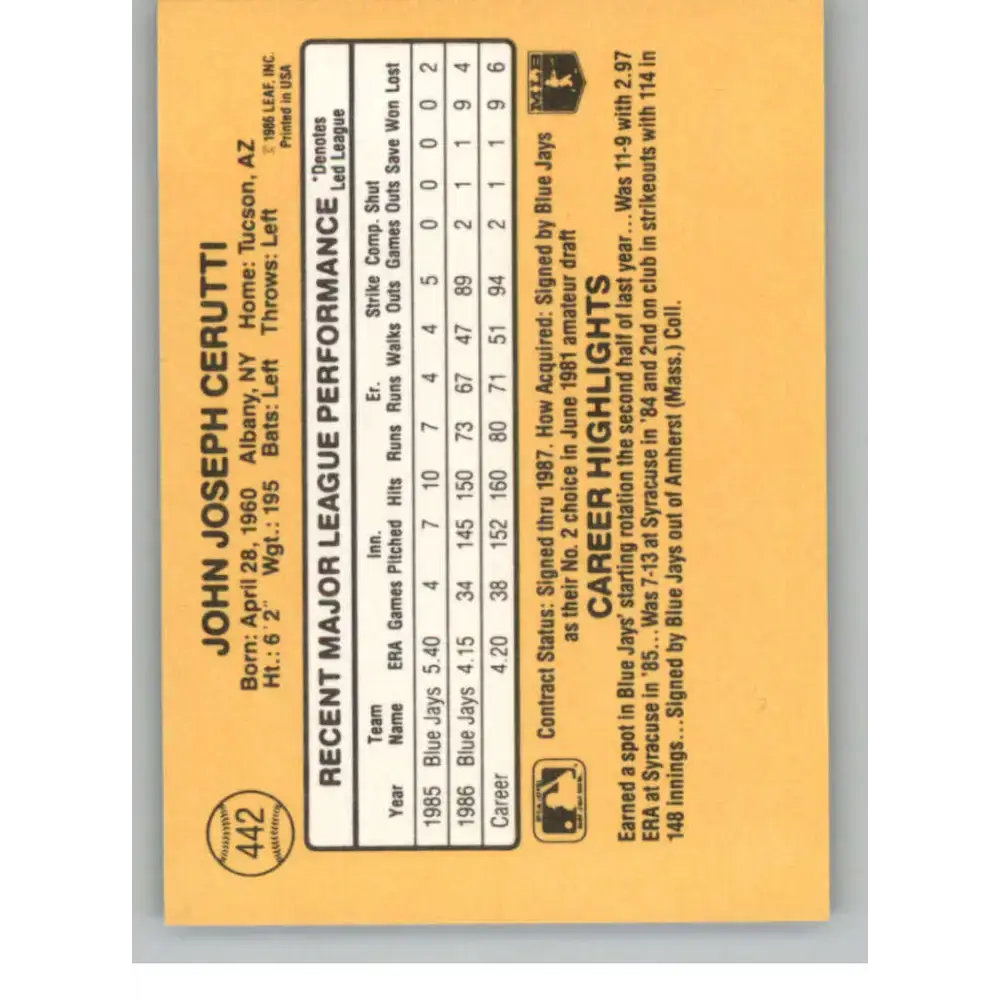 1987 Donruss #442 John Cerutti EX Excellent RC Rookie Toronto Blue Jays Baseball Card - Baseball Card Single