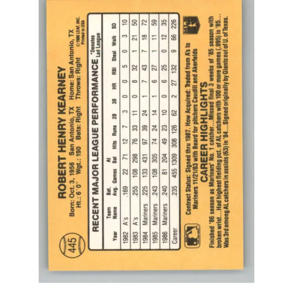 1987 Donruss #445 Bob Kearney EX Excellent Seattle Mariners Baseball Card - Baseball Card Single