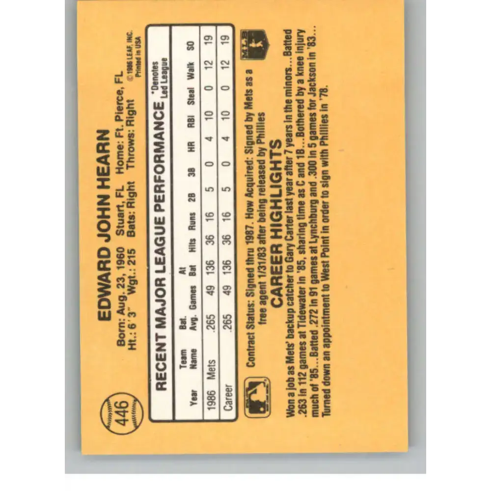 1987 Donruss #446 Ed Hearn EX Excellent RC Rookie New York Mets Baseball Card - Baseball Card Single