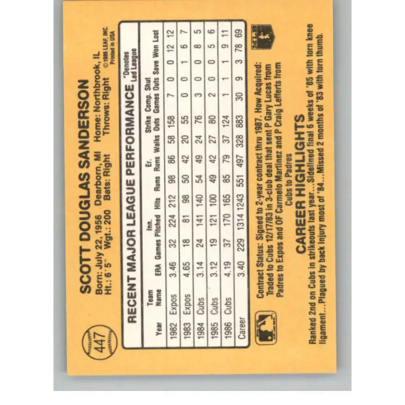 1987 Donruss #447 Scott Sanderson EX Excellent Chicago Cubs Baseball Card - Baseball Card Single