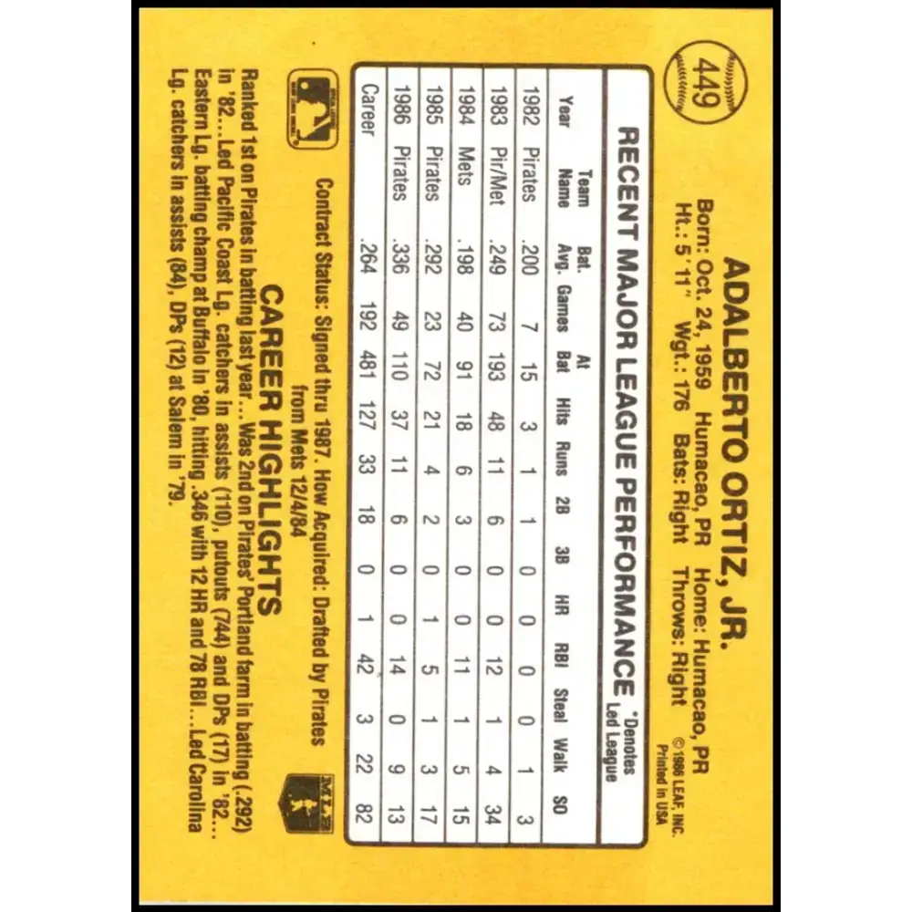 1987 Donruss #449 Junior Ortiz EX Excellent Pittsburgh Pirates Baseball Card - Baseball Card Single