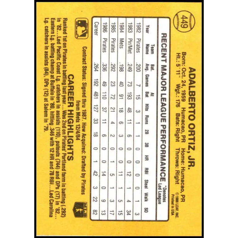 1987 Donruss #449 Junior Ortiz EX Excellent Pittsburgh Pirates Baseball Card - Baseball Card Single