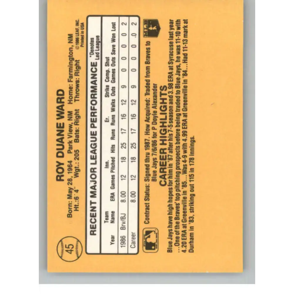 1987 Donruss #45 Duane Ward EX Excellent RC Rookie Toronto Blue Jays Baseball Card - Baseball Card Single