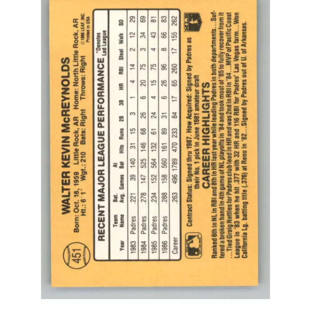 1987 Donruss #451 Kevin McReynolds EX Excellent San Diego Padres Baseball Card - Baseball Card Single