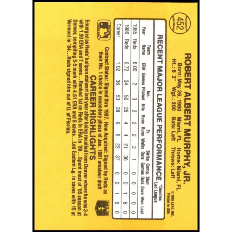 1987 Donruss #452 Rob Murphy EX Excellent RC Rookie Cincinnati Reds Baseball Card - Baseball Card Single