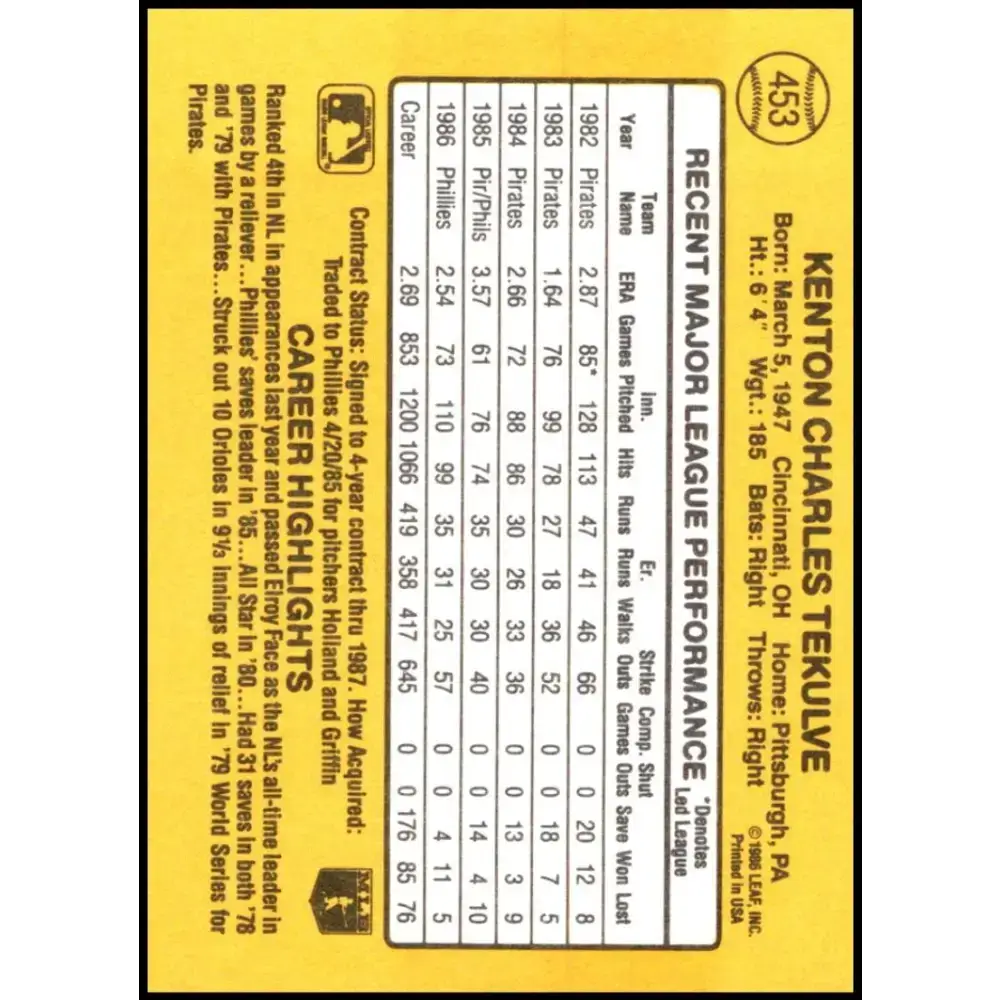 1987 Donruss #453 Kent Tekulve EX Excellent Philadelphia Phillies Baseball Card - Baseball Card Single