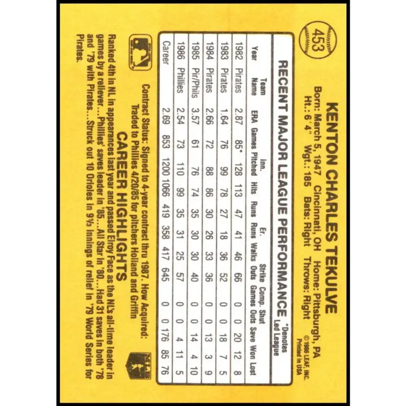 1987 Donruss #453 Kent Tekulve EX Excellent Philadelphia Phillies Baseball Card - Baseball Card Single