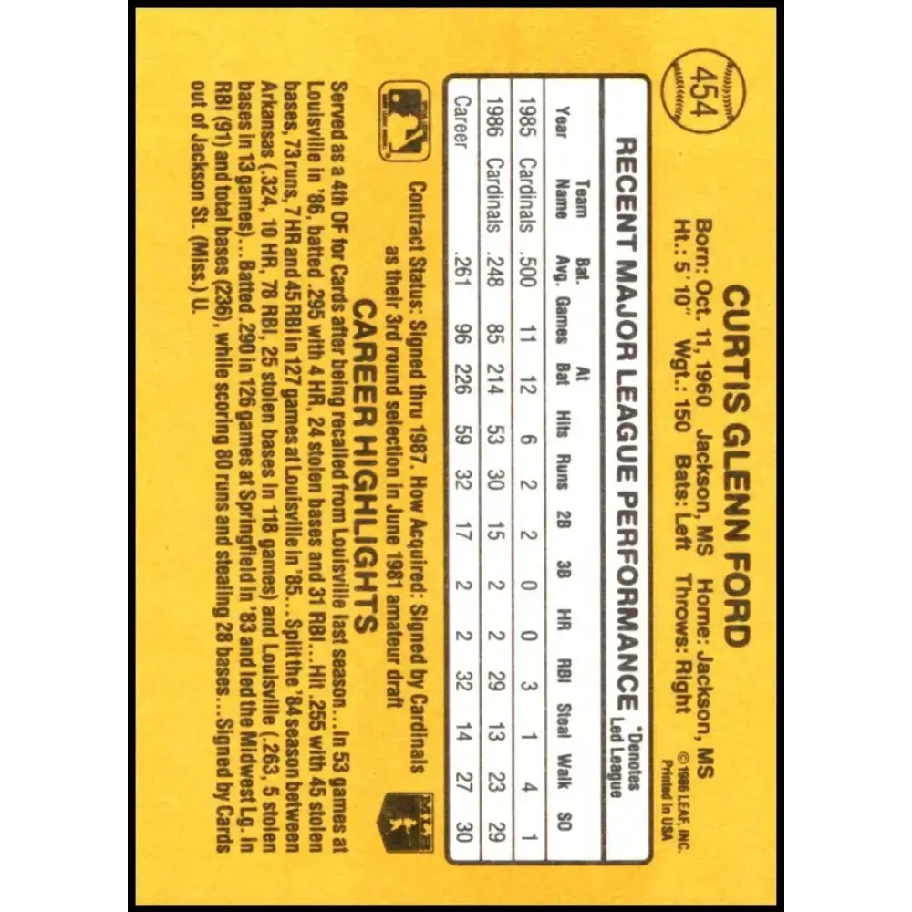 1987 Donruss #454 Curt Ford EX Excellent St. Louis Cardinals Baseball Card - Baseball Card Single