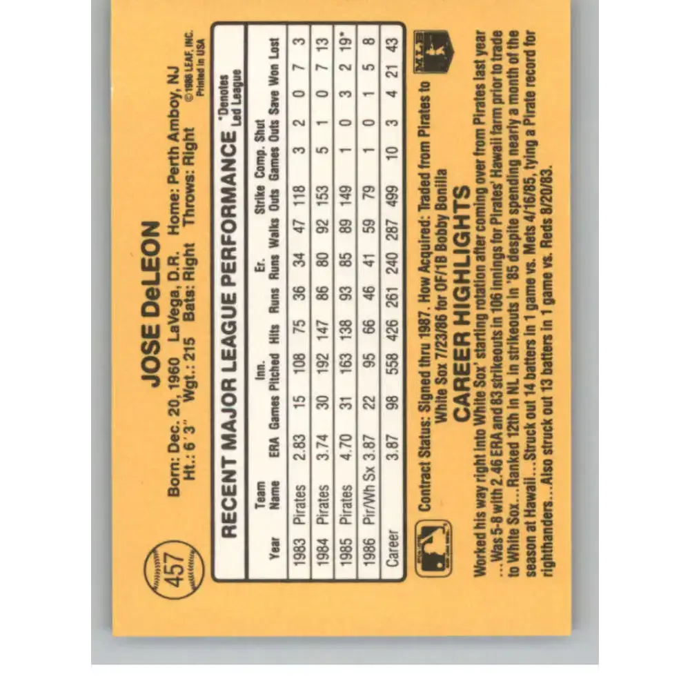 1987 Donruss #457 Jose DeLeon EX Excellent Chicago White Sox Baseball Card - Baseball Card Single