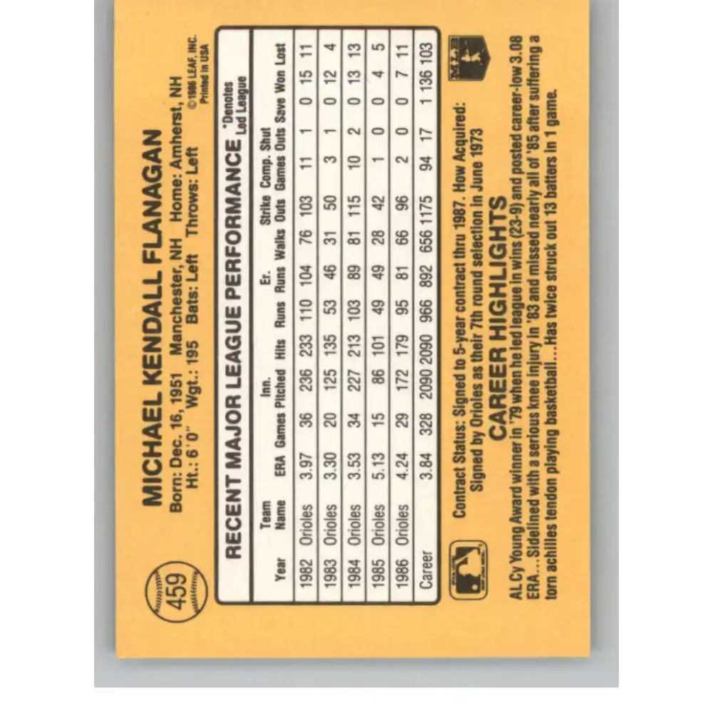 1987 Donruss #459 Mike Flanagan EX Excellent Baltimore Orioles Baseball Card - Baseball Card Single