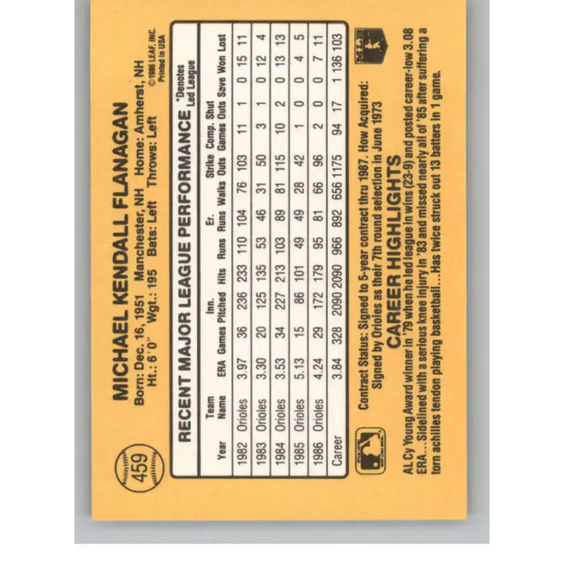 1987 Donruss #459 Mike Flanagan EX Excellent Baltimore Orioles Baseball Card - Baseball Card Single