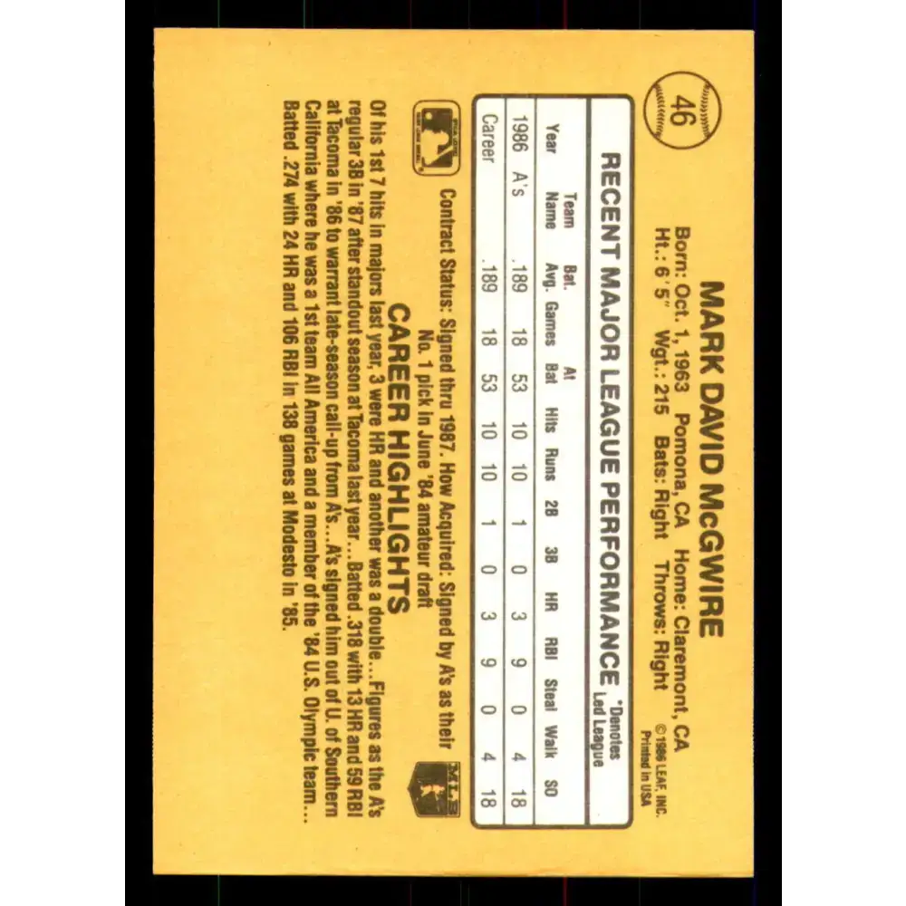 1987 Donruss #46 Mark McGwire EX Excellent Oakland Athletics Baseball Card - Baseball Card Single