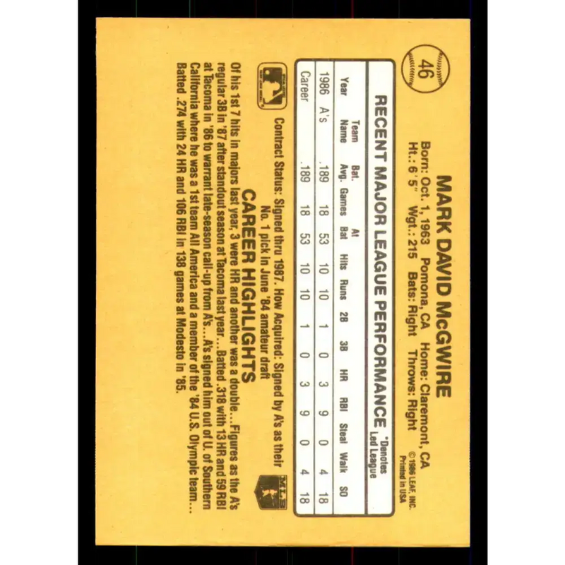 1987 Donruss #46 Mark McGwire EX Excellent Oakland Athletics Baseball Card - Baseball Card Single