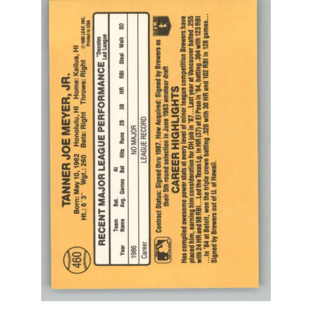 1987 Donruss #460 Joey Meyer EX RC Rookie Milwaukee Brewers Baseball Card - Baseball Card Single