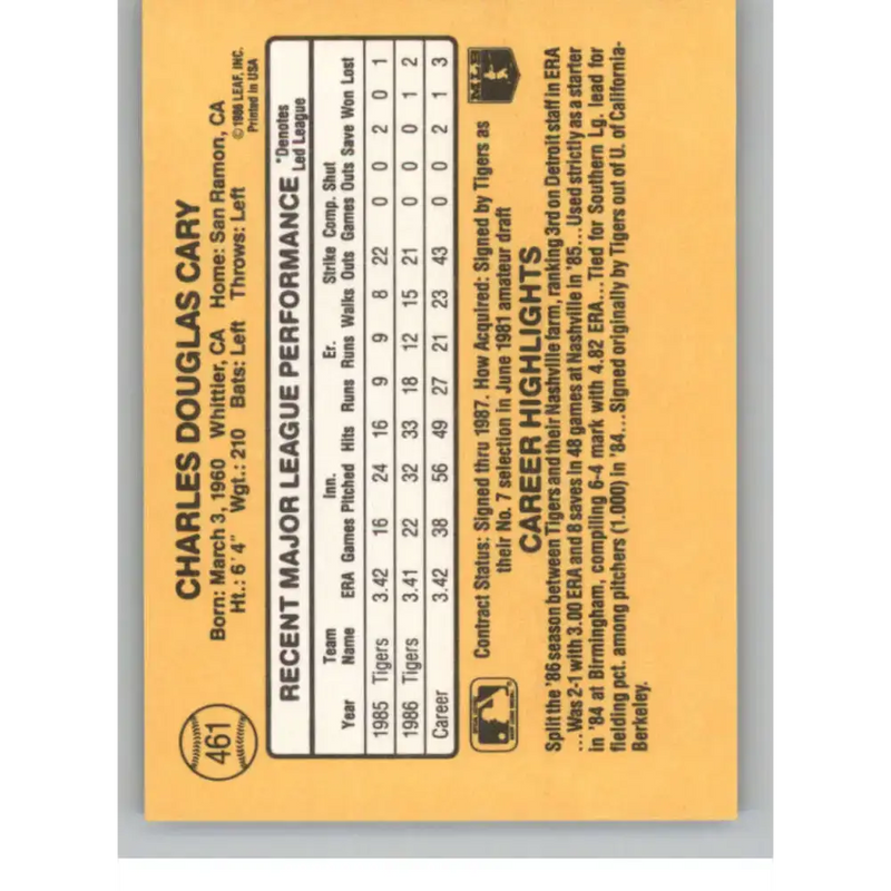 1987 Donruss #461 Chuck Cary EX Excellent RC Rookie Detroit Tigers Baseball Card