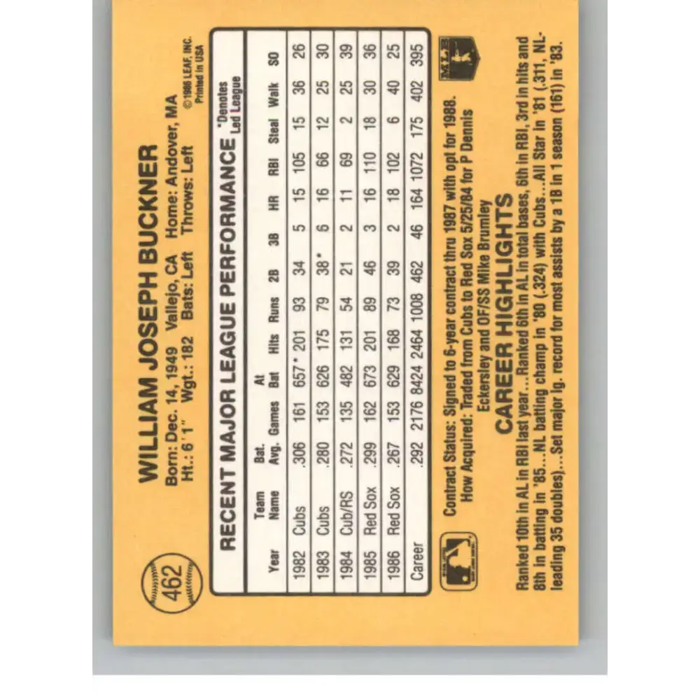 1987 Donruss #462 Bill Buckner EX Excellent Boston Red Sox Baseball Card - Baseball Card Single