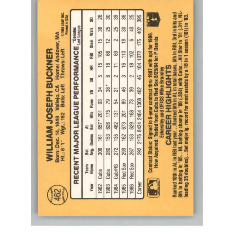 1987 Donruss #462 Bill Buckner EX Excellent Boston Red Sox Baseball Card - Baseball Card Single