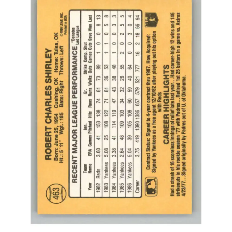 1987 Donruss #463 Bob Shirley EX New York Yankees Baseball Card - Baseball Card Single