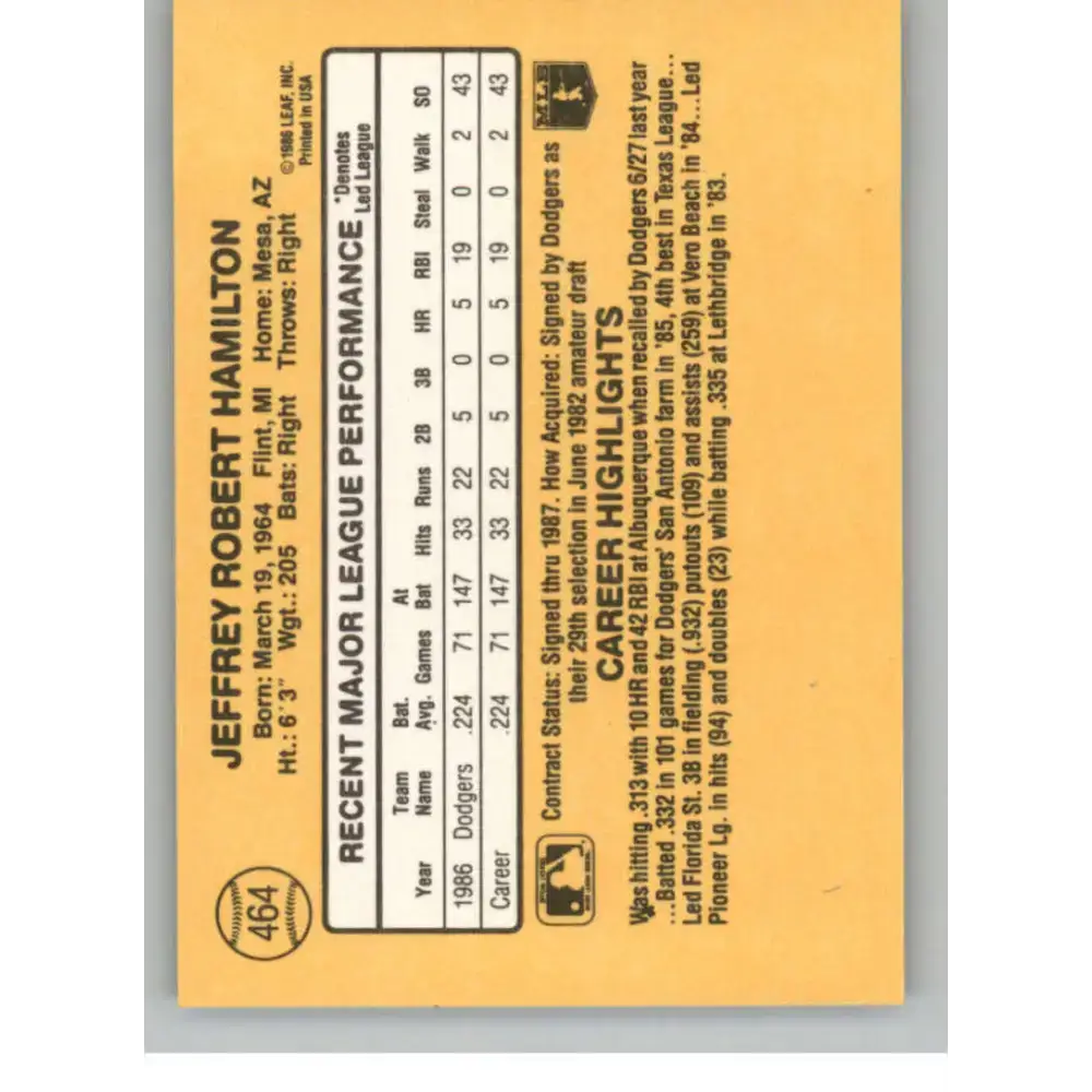 1987 Donruss #464 Jeff Hamilton EX RC Rookie Los Angeles Dodgers Baseball Card - Baseball Card Single