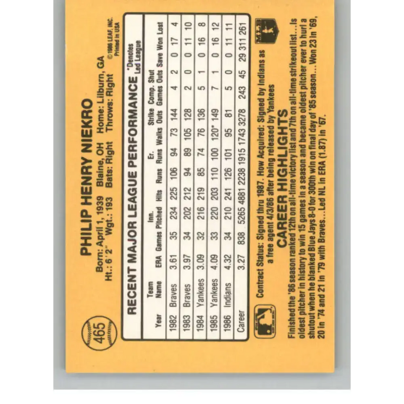 1987 Donruss #465 Phil Niekro EX Cleveland Indians Baseball Card - Baseball Card Single