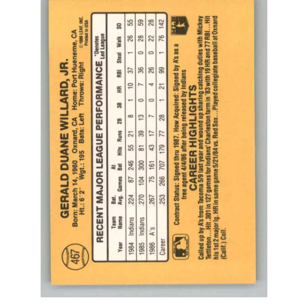 1987 Donruss #467 Jerry Willard EX Excellent Oakland Athletics Baseball Card - Baseball Card Single
