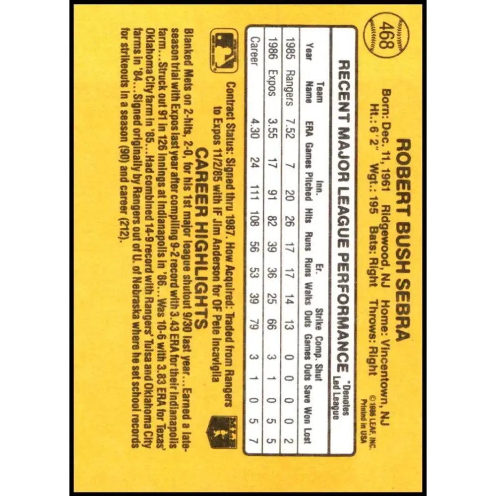 1987 Donruss #468 Bob Sebra EX Excellent Montreal Expos Baseball Card - Baseball Card Single