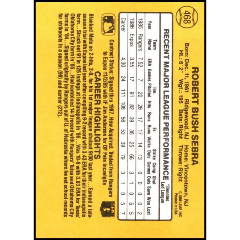 1987 Donruss #468 Bob Sebra EX Excellent Montreal Expos Baseball Card - Baseball Card Single