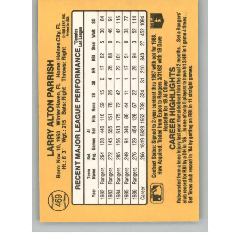 1987 Donruss #469 Larry Parrish EX Excellent Texas Rangers Baseball Card - Baseball Card Single