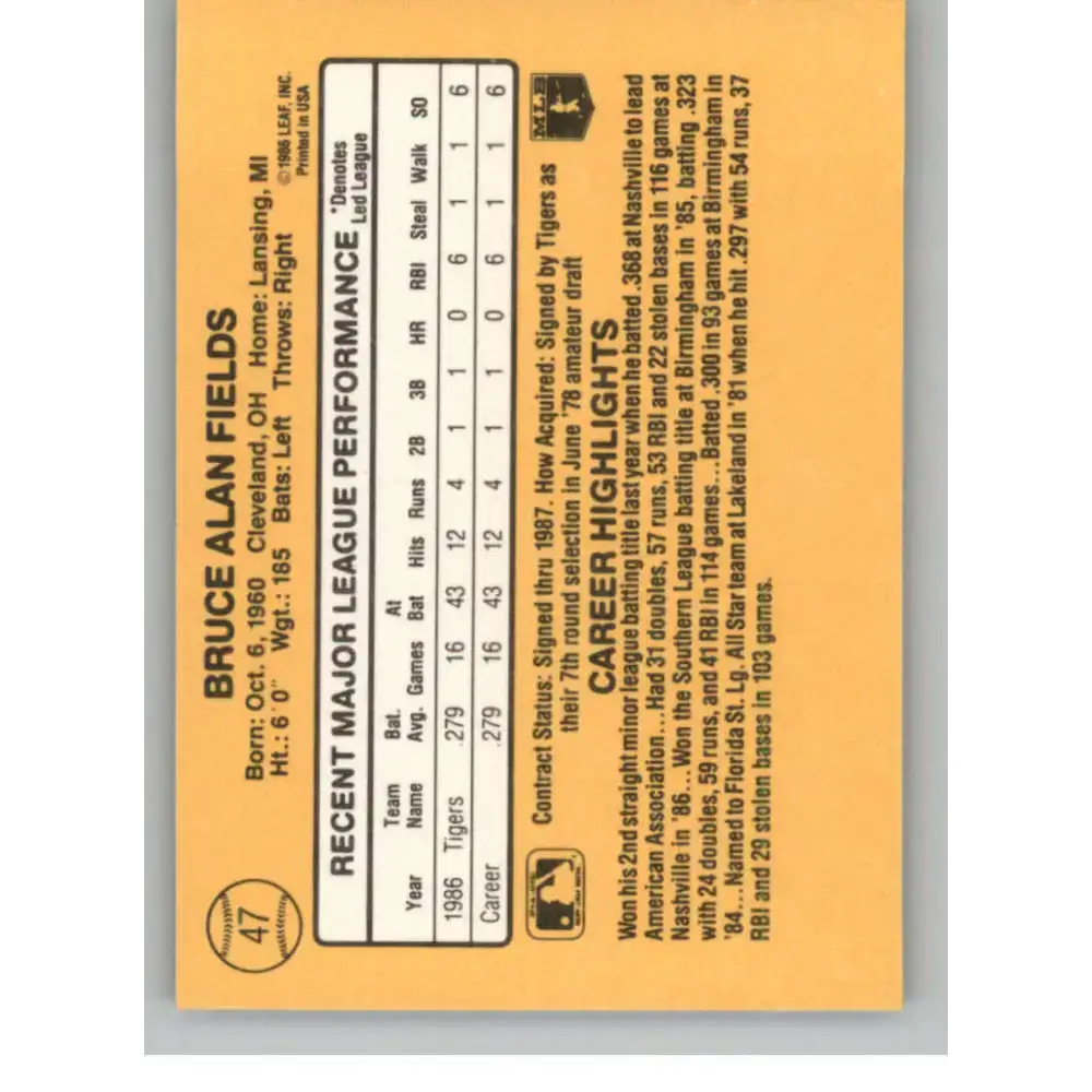 1987 Donruss #47 Bruce Fields EX Excellent RC Rookie Detroit Tigers Baseball Card - Baseball Card Single