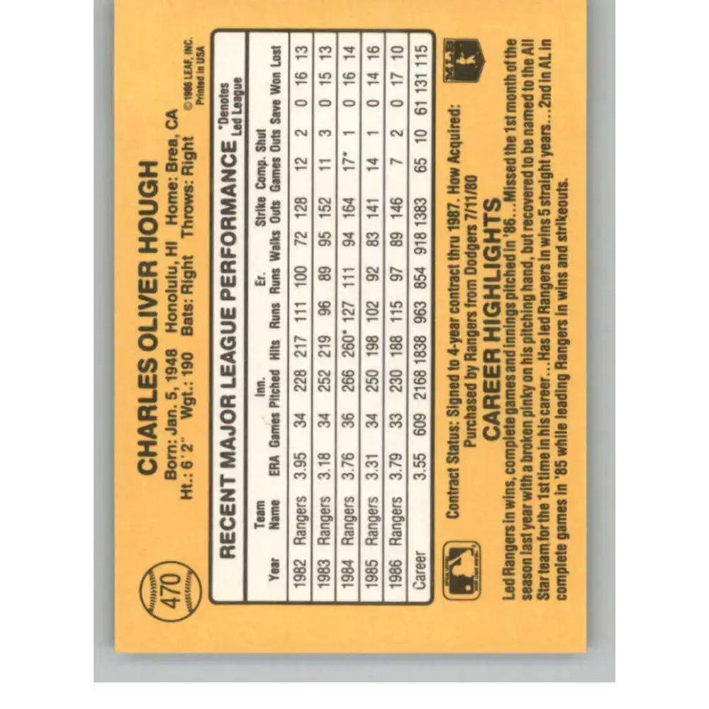1987 Donruss #470 Charlie Hough EX Excellent Texas Rangers Baseball Card - Baseball Card Single