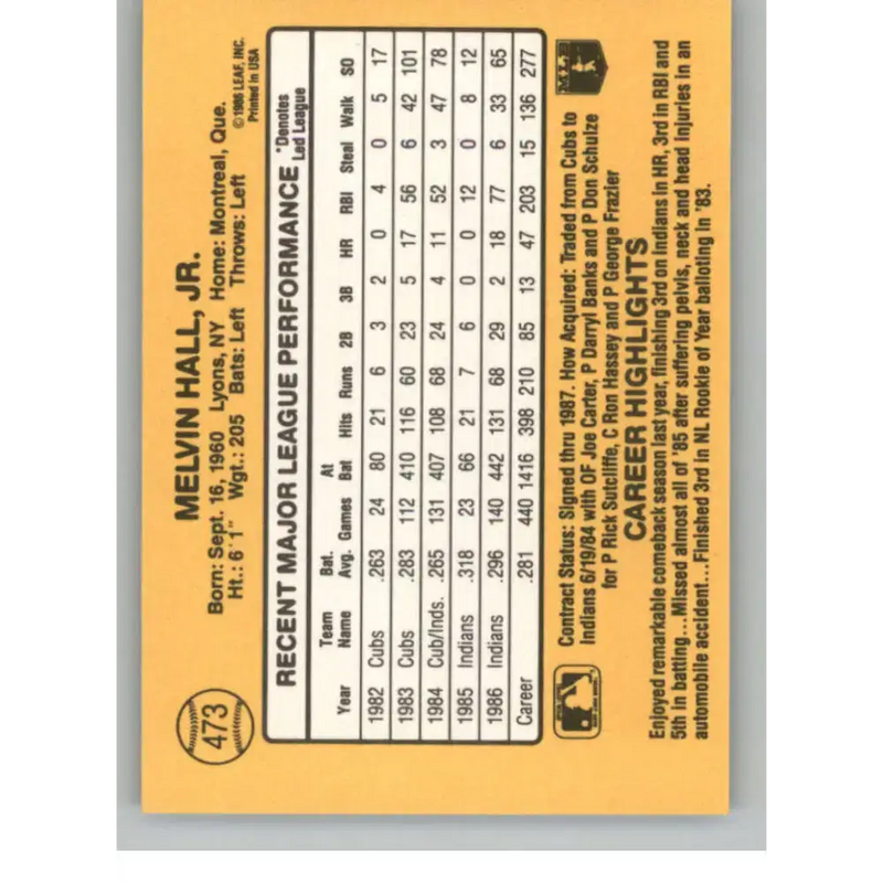 1987 Donruss #473 Mel Hall EX Excellent Cleveland Indians Baseball Card - Baseball Card Single