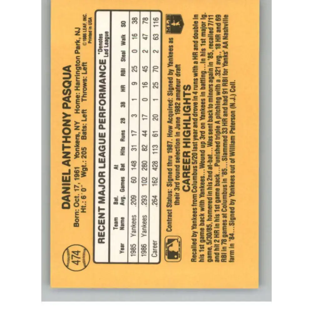 1987 Donruss #474 Dan Pasqua EX Excellent New York Yankees Baseball Card - Baseball Card Single