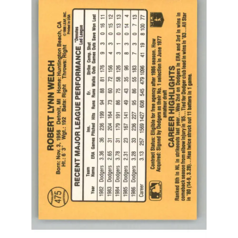 1987 Donruss #475 Bob Welch EX Excellent Los Angeles Dodgers Baseball Card - Baseball Card Single