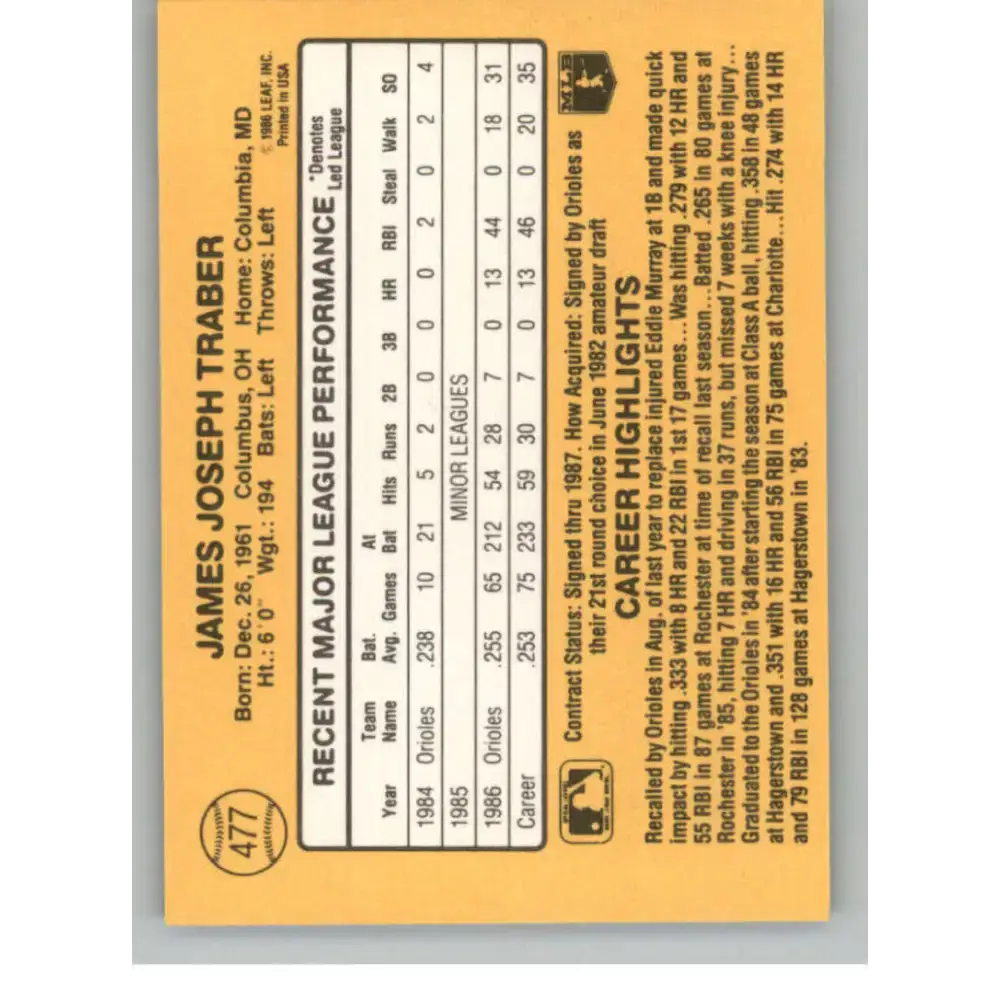 1987 Donruss #477 Jim Traber EX Excellent Baltimore Orioles Baseball Card - Baseball Card Single