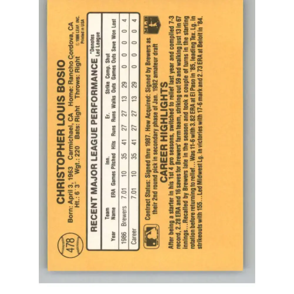 1987 Donruss #478 Chris Bosio EX Excellent RC Rookie Milwaukee Brewers Baseball Card - Baseball Card Single