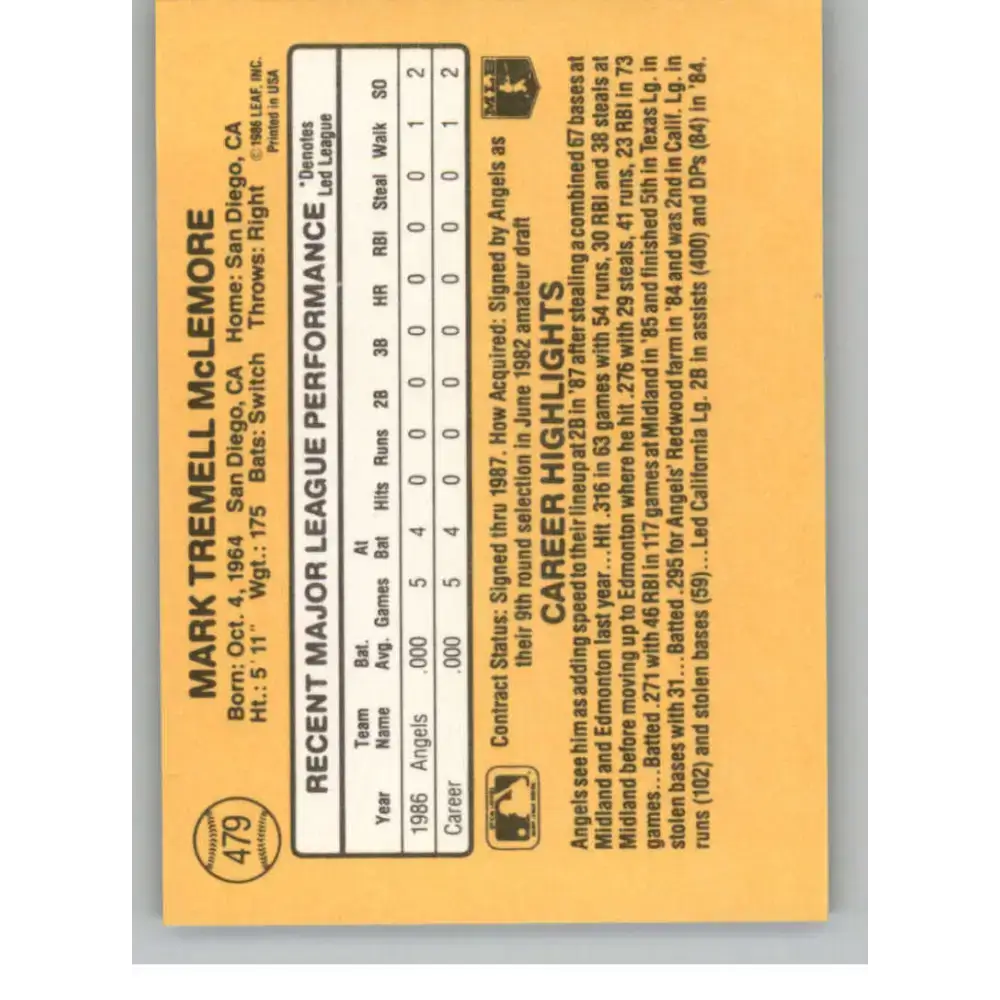 1987 Donruss #479 Mark McLemore EX Excellent California Angels Baseball Card