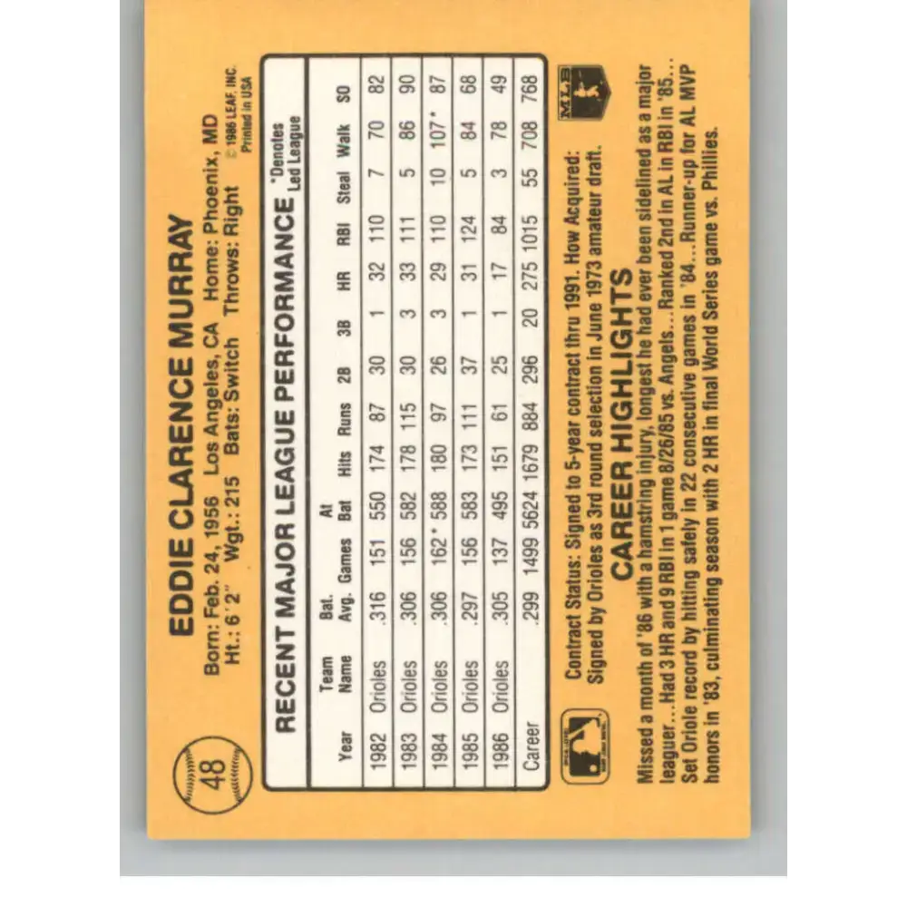 1987 Donruss #48 Eddie Murray EX Excellent Baltimore Orioles Baseball Card - Baseball Card Single