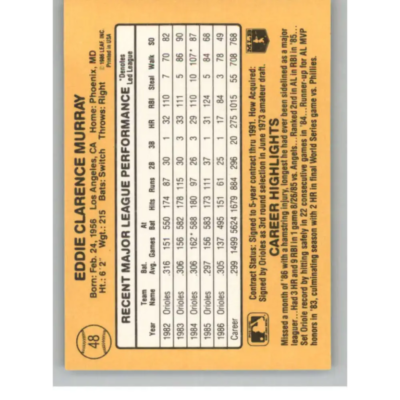 1987 Donruss #48 Eddie Murray EX Excellent Baltimore Orioles Baseball Card - Baseball Card Single