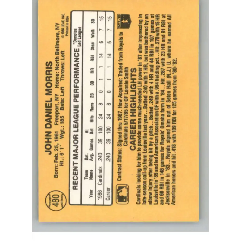 1987 Donruss #480 John Morris EX Excellent St. Louis Cardinals Baseball Card - Baseball Card Single